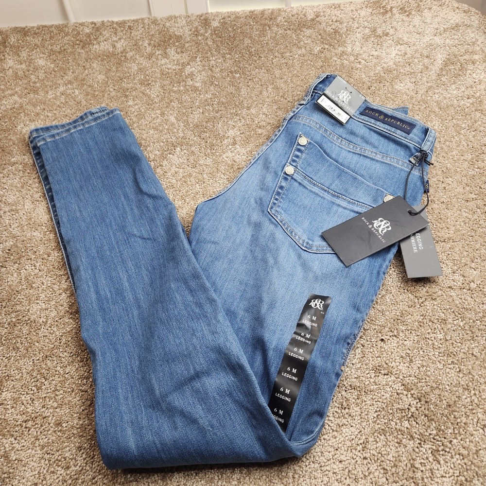 Rock & Republic Lady Luck Denim Leggings Jeans Medium Wash Blue Misses 6M NEW
